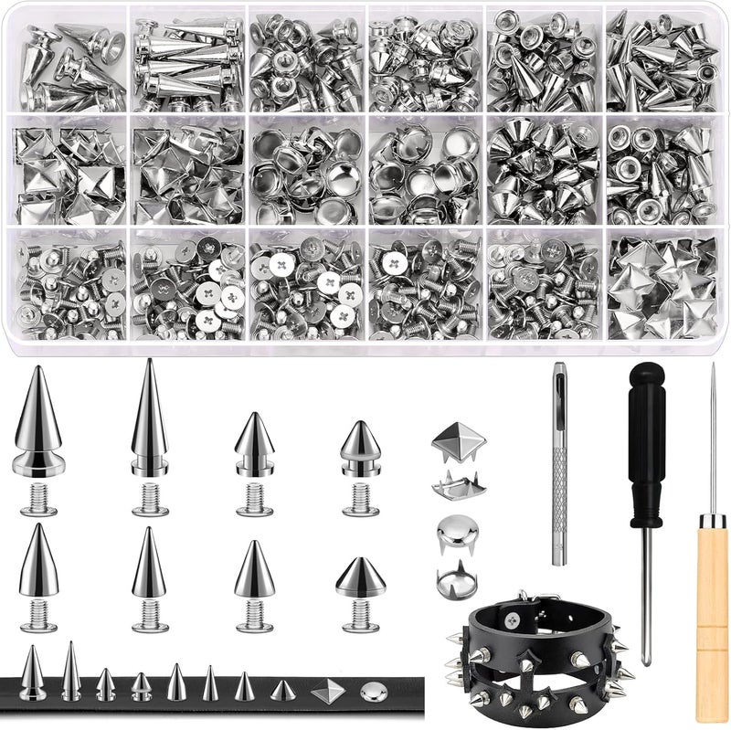 Jollidecor 455 PCS Punk Studs for Clothing, 10 Size Metal Spikes and Studs Leather Rivets for Craft, Square Pyramid Studs Round Dome Rivets DIY Punk Style Decoration for Clothes Shoes Belts Dog Collar - Image 1